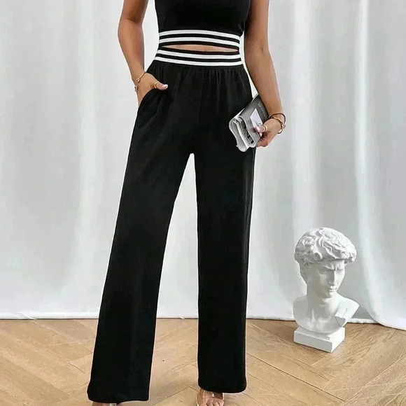 Black Casual Women's Contrast Binding Crop Tank Top & Pants - Picture 5 of 6